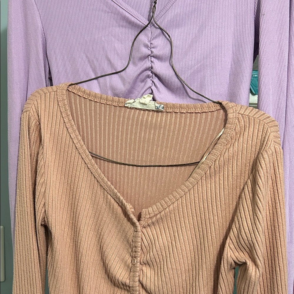 Ribbed Button-Up Tops in Pink and Purple